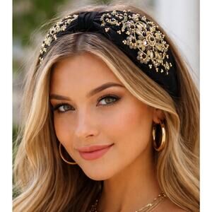 Kay Lee Black Gold Beaded Floral Headband New